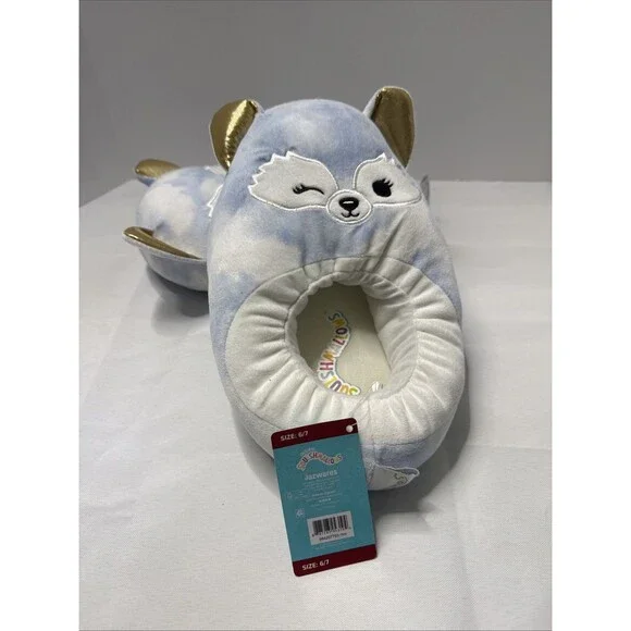 Squishmallows Melani Arctic Fox Plush Adult Sz 6/7 Blue White Gold Ear Slippers - Picture 2 of 3
